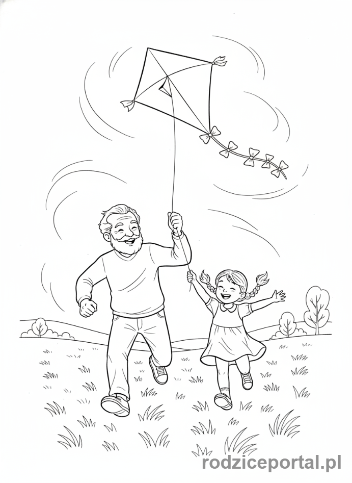 Kolorowanka Dzień Dziadka - Dziadek i wnuczka latający latawcem.