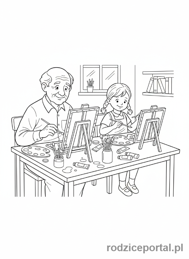 Kolorowanka Dzień Dziadka - Dziadek i wnuczka malujący obrazek.