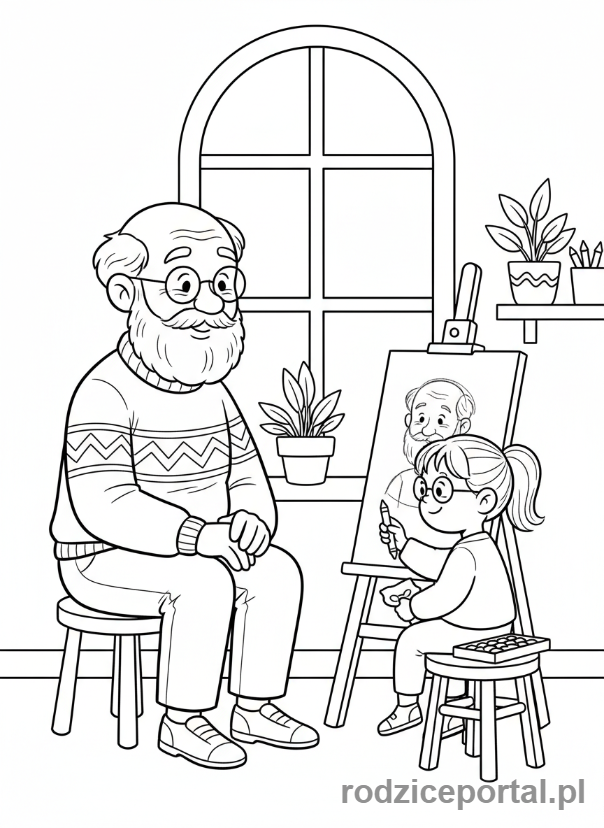 Kolorowanka Dzień Dziadka - Dziadek i wnuczka malujący portret.