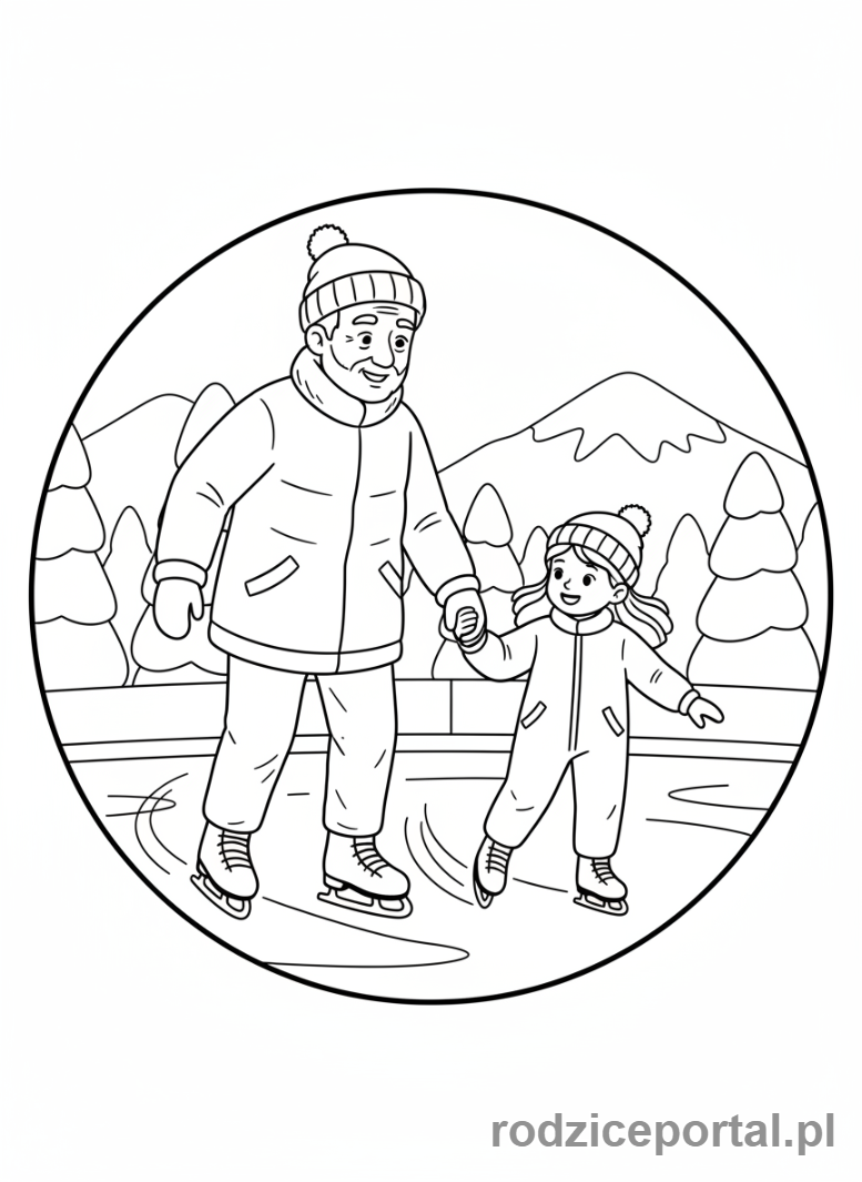 Kolorowanka Dzień Dziadka - Dziadek i wnuczka na lodowisku.