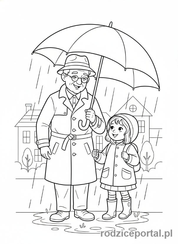 Kolorowanka Dzień Dziadka - Dziadek i wnuczka na spacerze z parasolem.