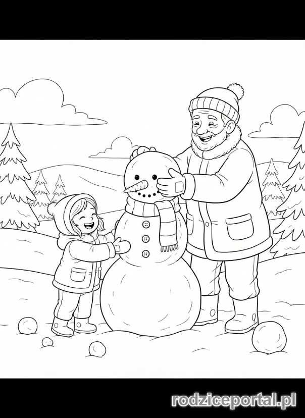 Kolorowanka Dzień Dziadka - Dziadek i wnuczka robiący bałwana.