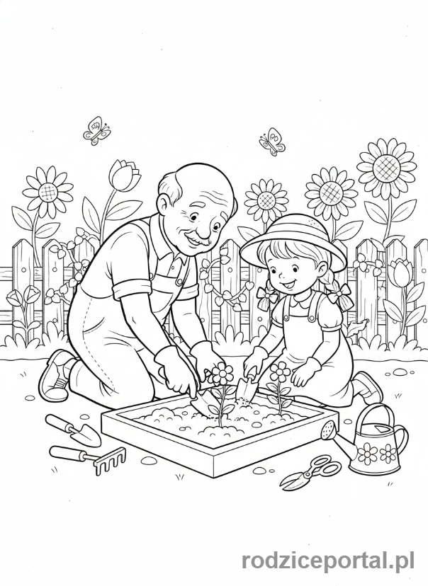 Kolorowanka Dzień Dziadka - Dziadek i wnuczka sadzący kwiaty w ogrodzie.