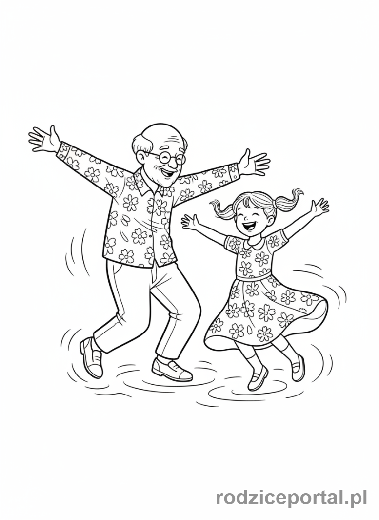 Kolorowanka Dzień Dziadka - Dziadek i wnuczka tańczący.