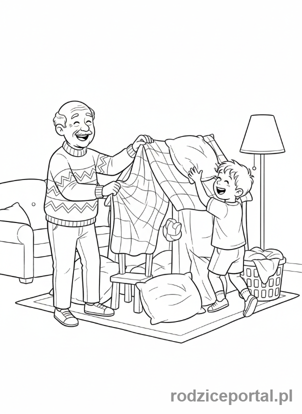 Kolorowanka Dzień Dziadka - Dziadek i wnuk budujący fort z poduszek.