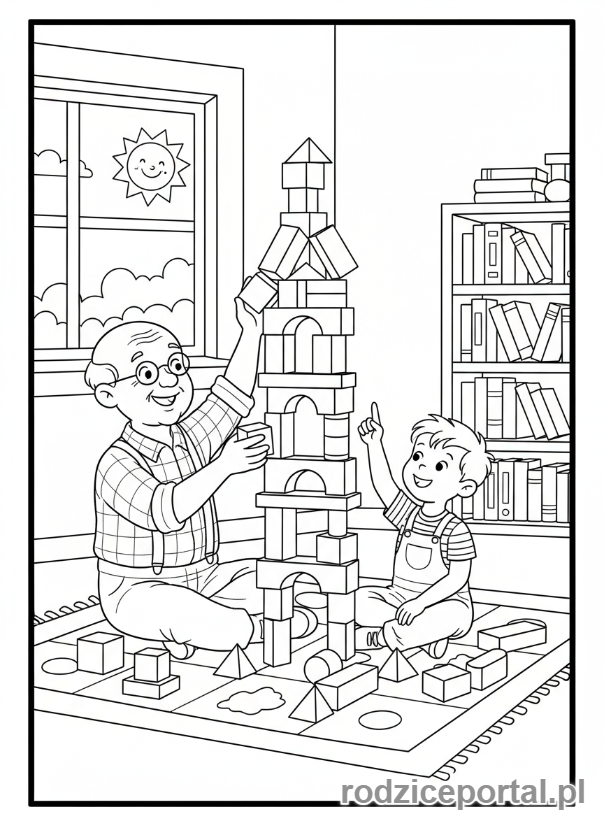 Kolorowanka Dzień Dziadka - Dziadek i wnuk budujący wieżę z klocków.