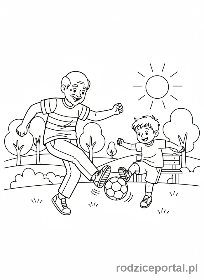 Kolorowanka Dzień Dziadka - Dziadek i wnuk grający w piłkę nożną.