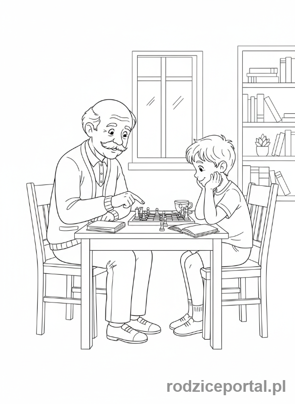 Kolorowanka Dzień Dziadka - Dziadek i wnuk grający w szachy.