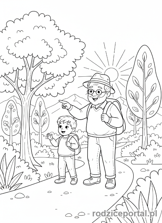 Kolorowanka Dzień Dziadka - Dziadek i wnuk na wycieczce w lesie.