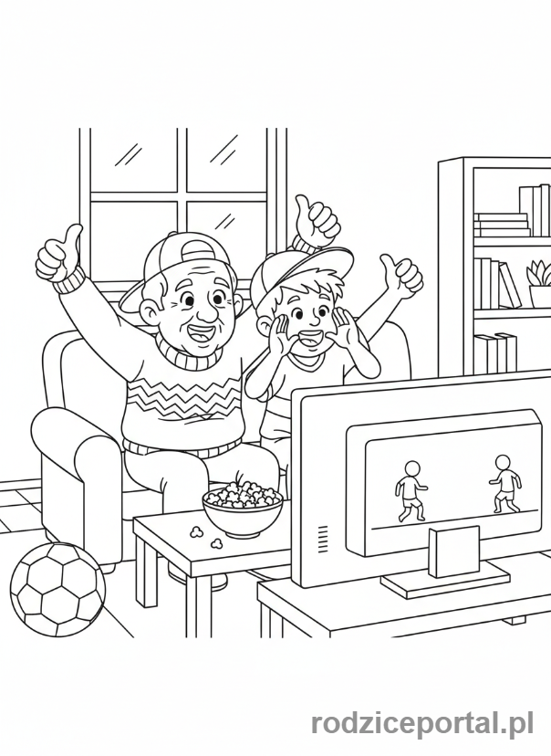 Kolorowanka Dzień Dziadka - Dziadek i wnuk oglądający mecz.