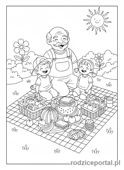 Kolorowanka Dzień Dziadka - Dziadek i wnuki na pikniku w ogrodzie.