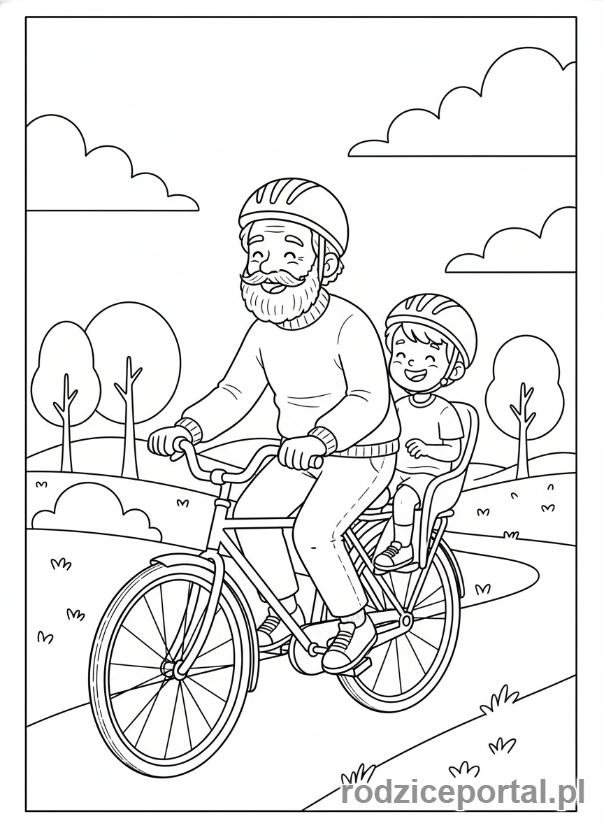 Kolorowanka Dzień Dziadka - Dziadek na rowerze z wnukiem z tyłu.