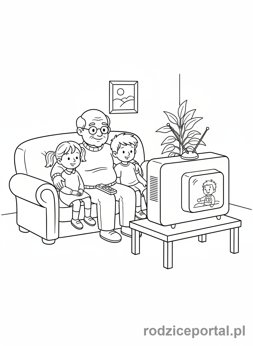 Kolorowanka Dzień Dziadka - Dziadek oglądający telewizję z wnukami.