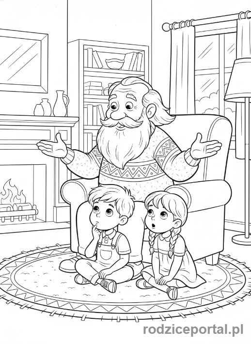 Kolorowanka Dzień Dziadka - Dziadek opowiadający bajkę dzieciom.