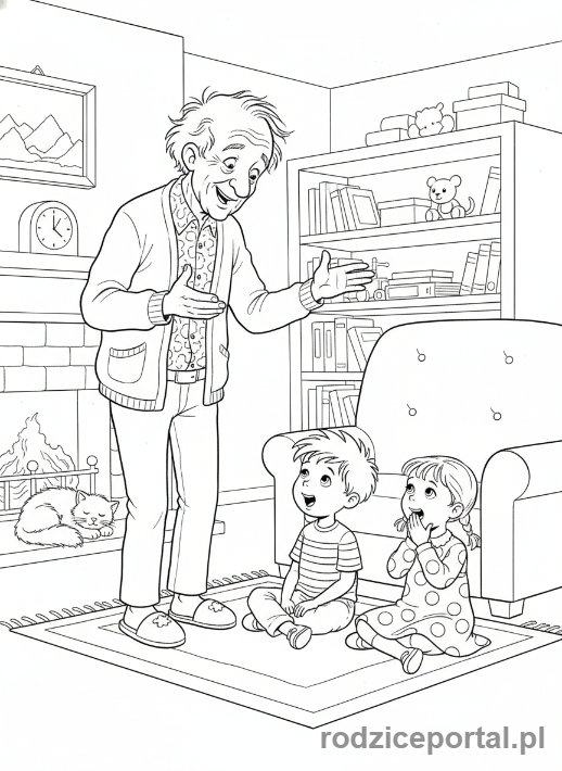 Kolorowanka Dzień Dziadka - Dziadek opowiadający bajkę dzieciom.