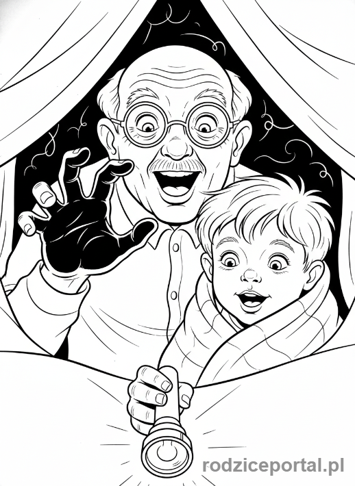 Kolorowanka Dzień Dziadka - Dziadek opowiadający straszne historie przy latarni.