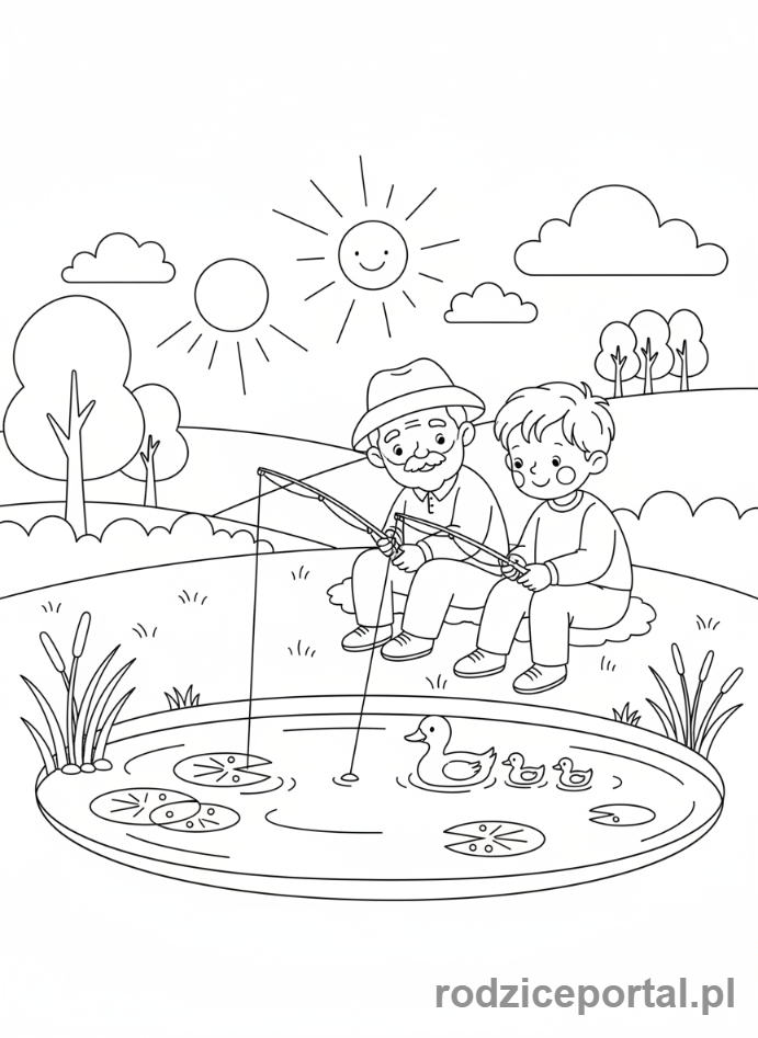 Kolorowanka Dzień Dziadka - Dziadek łowiący ryby z wnukiem.