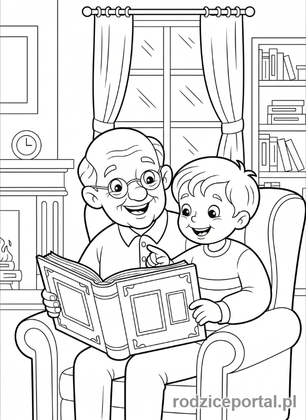 Kolorowanka Dzień Dziadka - Dziadek pokazujący stare zdjęcia.
