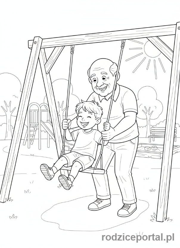 Kolorowanka Dzień Dziadka - Dziadek popychający wnuczka na huśtawce.