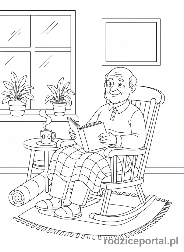 Kolorowanka Dzień Dziadka - Dziadek relaksujący się w fotelu bujanym.
