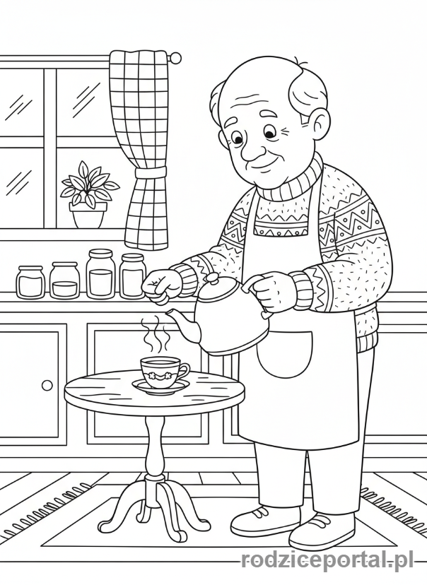 Kolorowanka Dzień Dziadka - Dziadek robiący herbatę.
