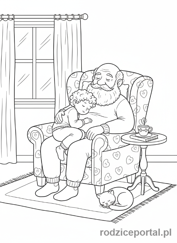 Kolorowanka Dzień Dziadka - Dziadek śpiący w fotelu z wnukiem na kolanach.