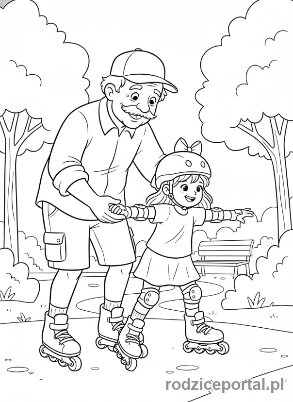 Kolorowanka Dzień Dziadka - Dziadek uczący wnuczkę jeździć na rolkach.