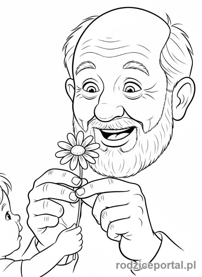 Kolorowanka Dzień Dziadka - Dziadek uśmiechnięty z podarowanym kwiatem.