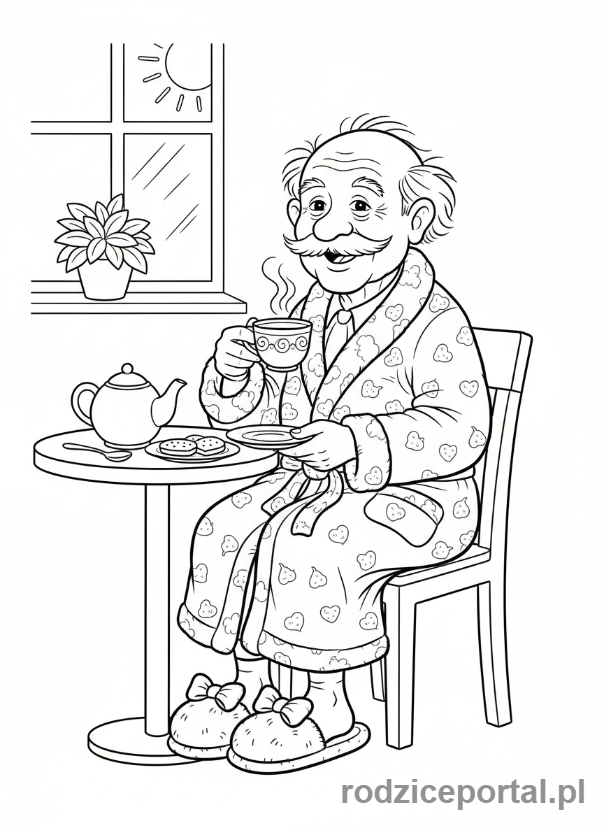 Kolorowanka Dzień Dziadka - Dziadek w kapciach i szlafroku pije herbatę.