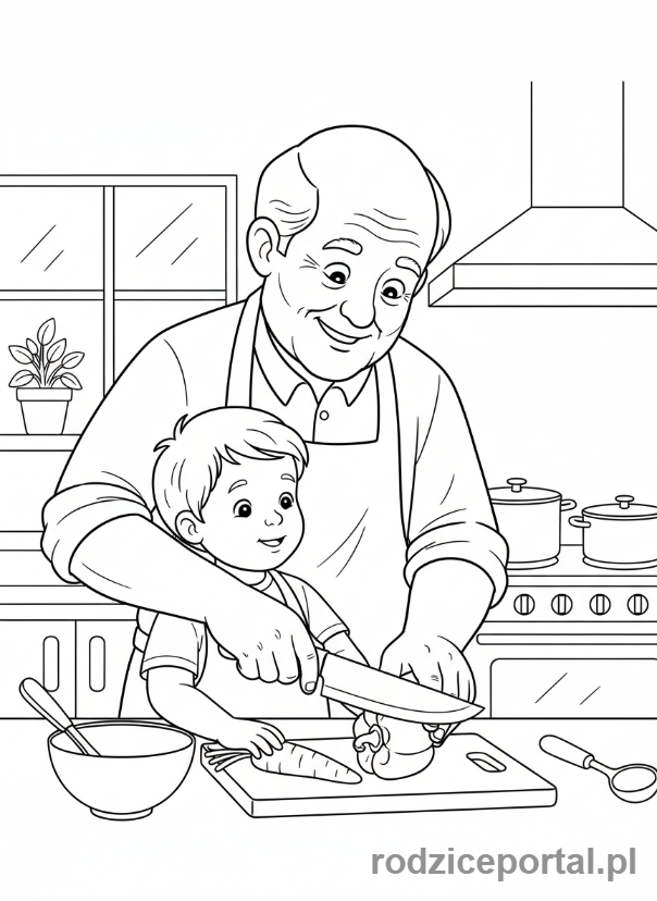 Kolorowanka Dzień Dziadka - Dziadek w kuchni uczy gotować.