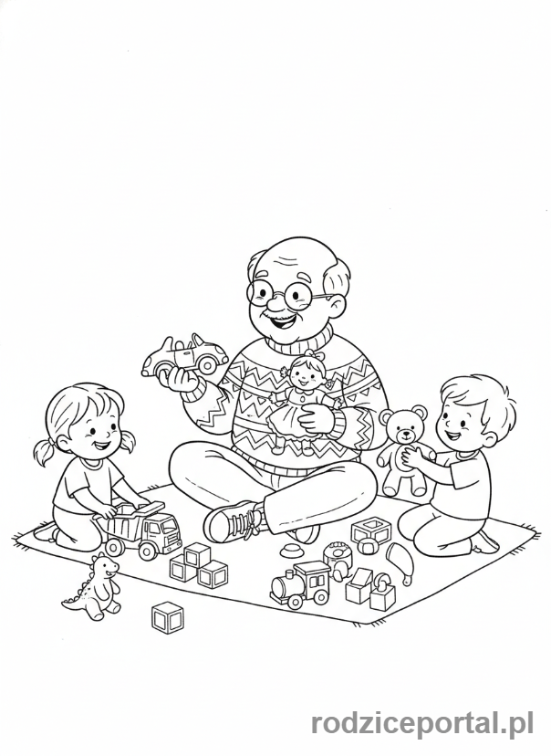 Kolorowanka Dzień Dziadka - Dziadek w okularach bawiący się zabawkami z wnukami.