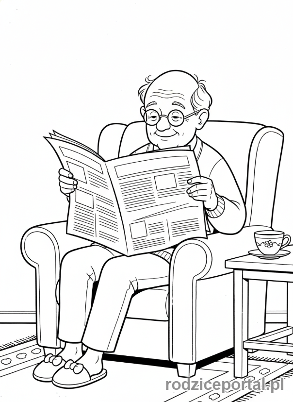 Kolorowanka Dzień Dziadka - Dziadek w okularach czytający gazetę.