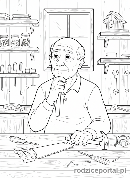 Kolorowanka Dzień Dziadka - Dziadek w warsztacie z narzędziami.
