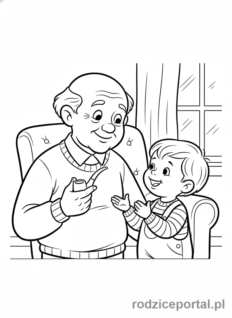 Kolorowanka Dzień Dziadka - Dziadek z fajką i wnukiem słuchającym.