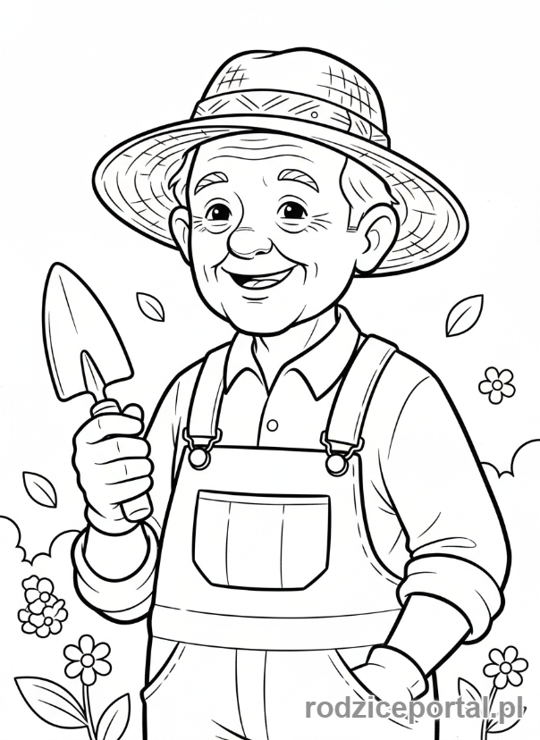 Kolorowanka Dzień Dziadka - Dziadek z kapeluszem ogrodnika.
