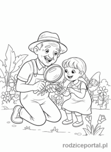 Kolorowanka Dzień Dziadka - Dziadek z lupą badający owady z wnuczką.