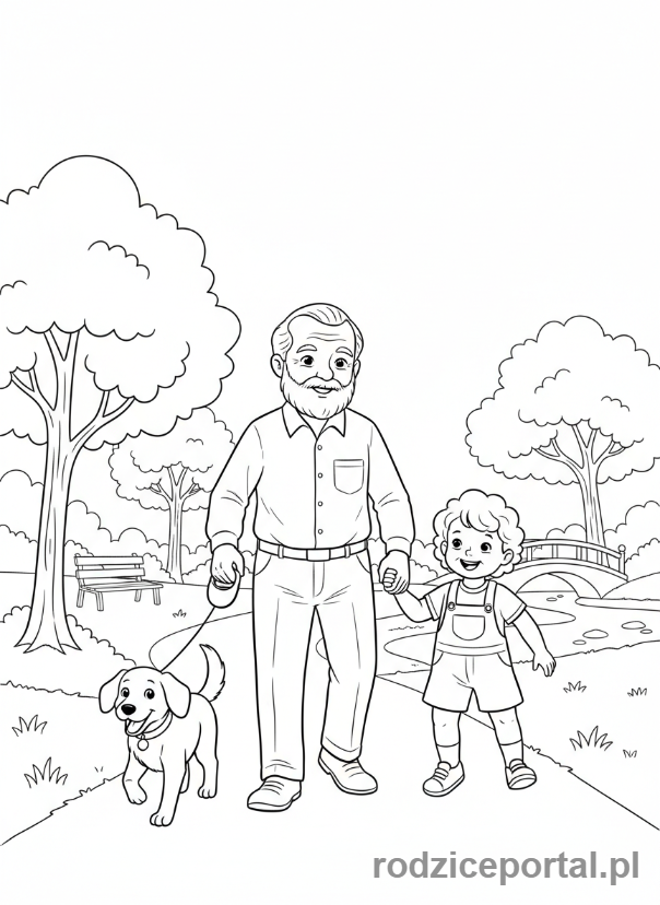 Kolorowanka Dzień Dziadka - Dziadek z psem na spacerze.