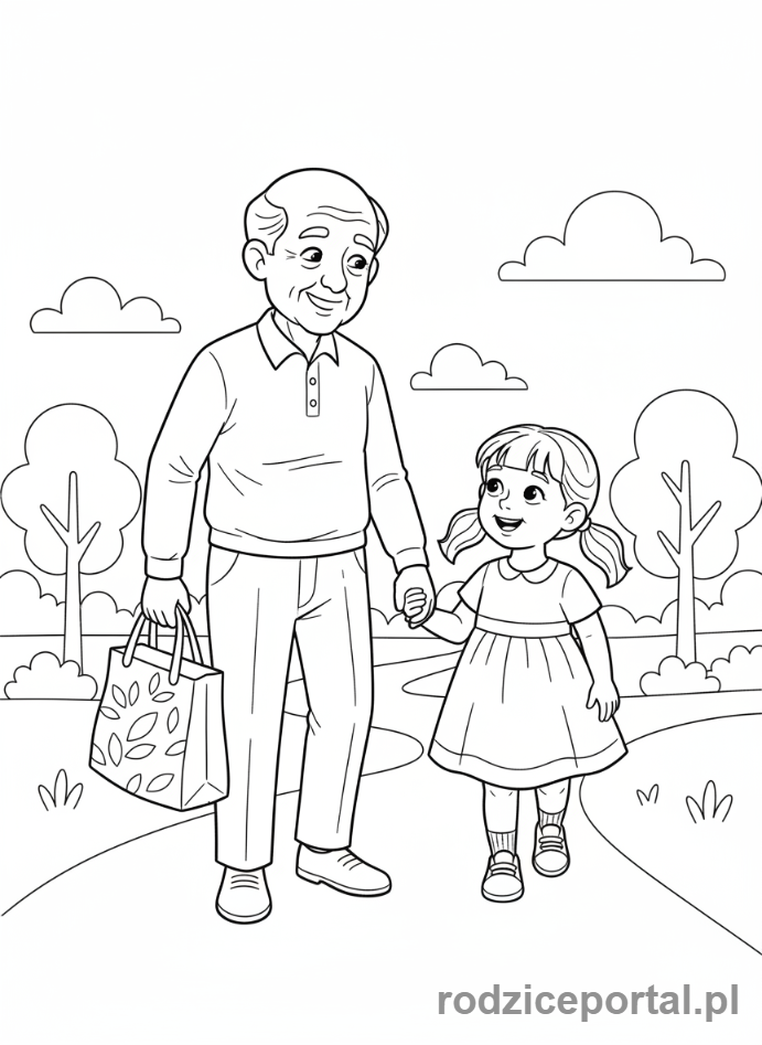 Kolorowanka Dzień Dziadka - Dziadek z torbą zakupów i wnuczką.