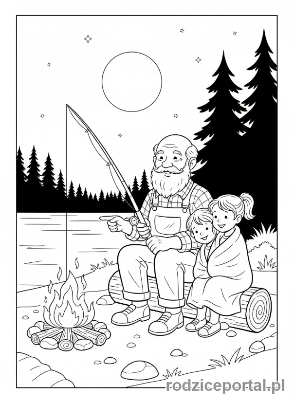 Kolorowanka Dzień Dziadka - Dziadek z wędką przy ognisku z wnukami.