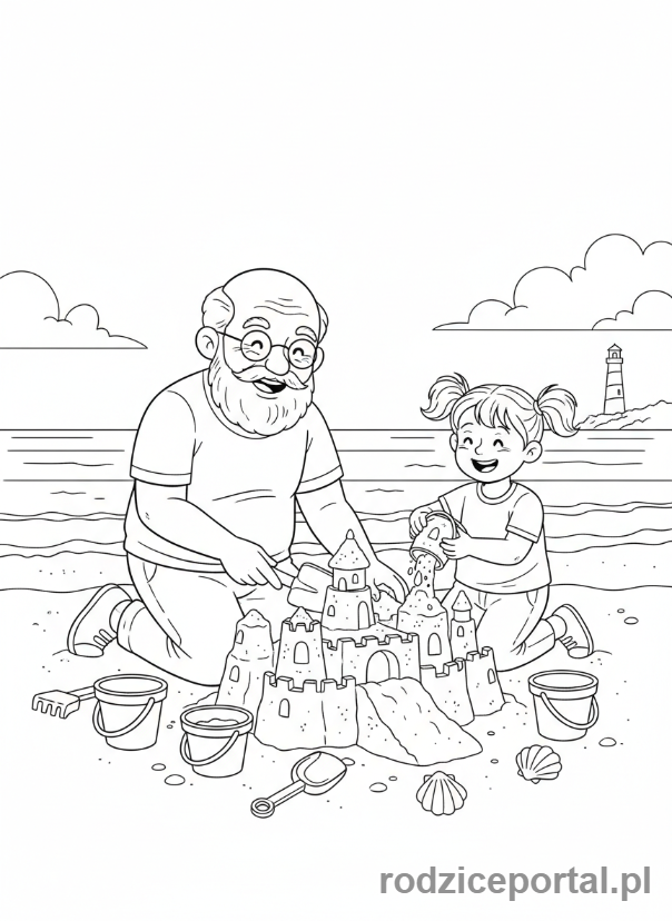 Kolorowanka Dzień Dziadka - Dziadek z wnuczką budujący zamek z piasku.