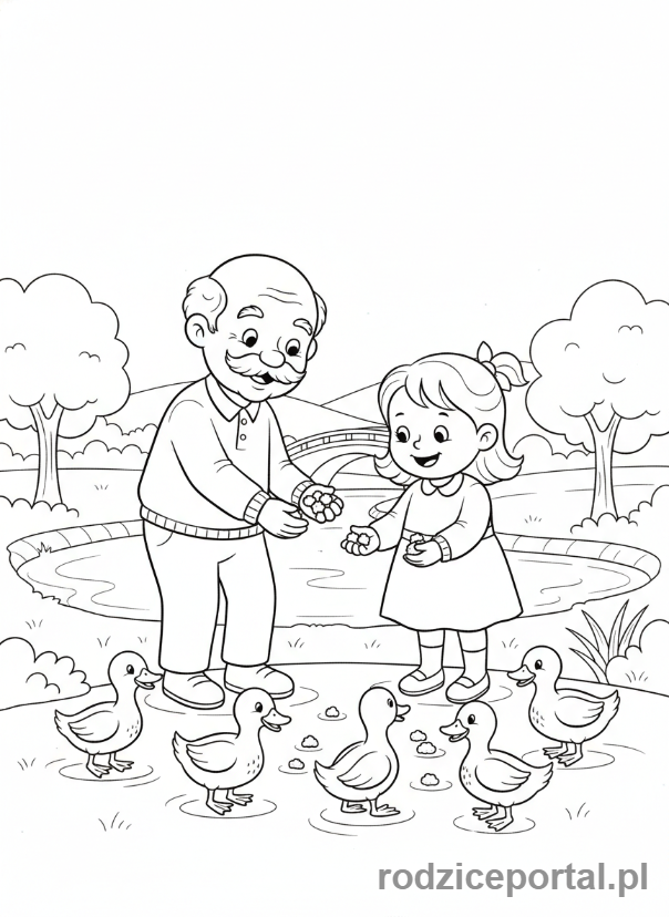 Kolorowanka Dzień Dziadka - Dziadek z wnuczką karmiący kaczki w parku.