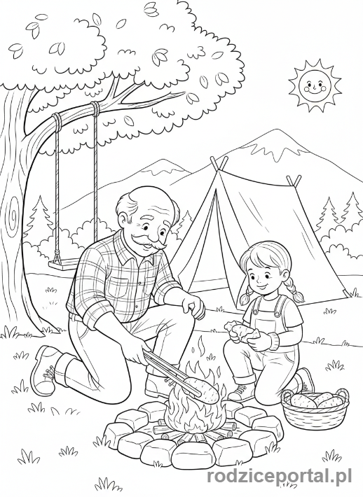 Kolorowanka Dzień Dziadka - Dziadek z wnuczką pieczący ziemniaki w ognisku.