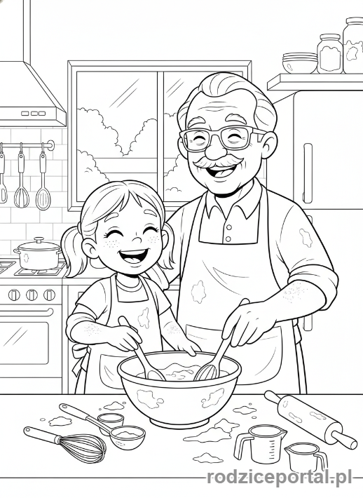 Kolorowanka Dzień Dziadka - Dziadek z wnuczką piekący ciasto.