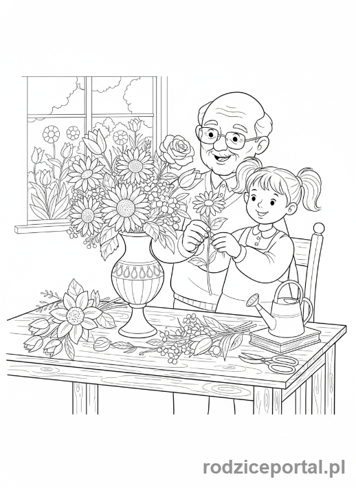 Kolorowanka Dzień Dziadka - Dziadek z wnuczką robiący bukiet kwiatów.