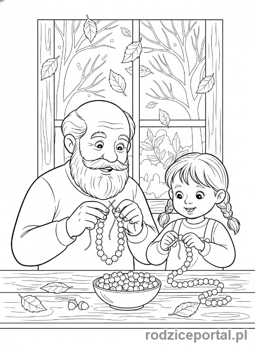 Kolorowanka Dzień Dziadka - Dziadek z wnuczką robiący korale z jarzębiny.