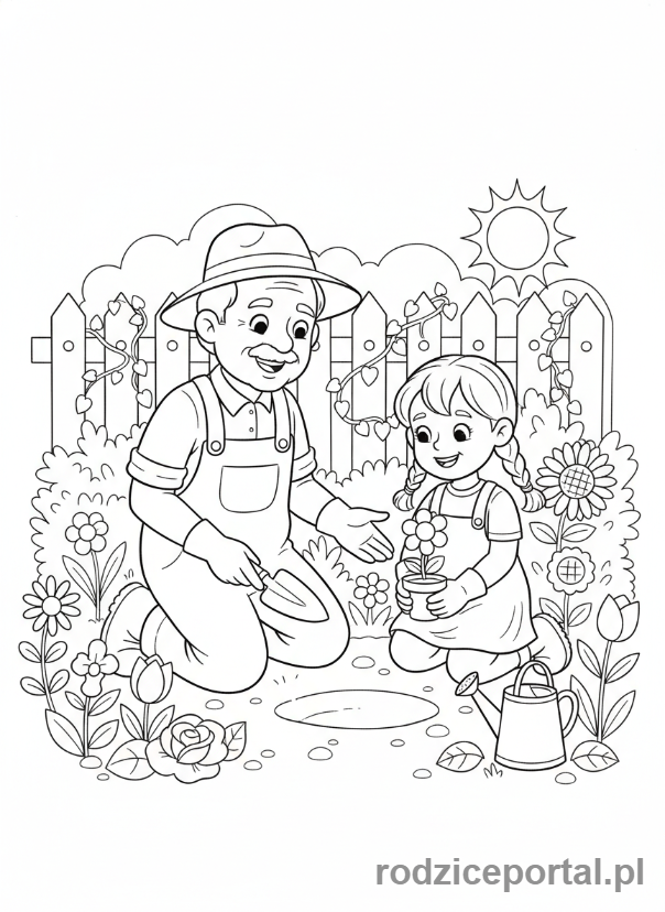 Kolorowanka Dzień Dziadka - Dziadek z wnuczką sadzący kwiaty w ogrodzie.