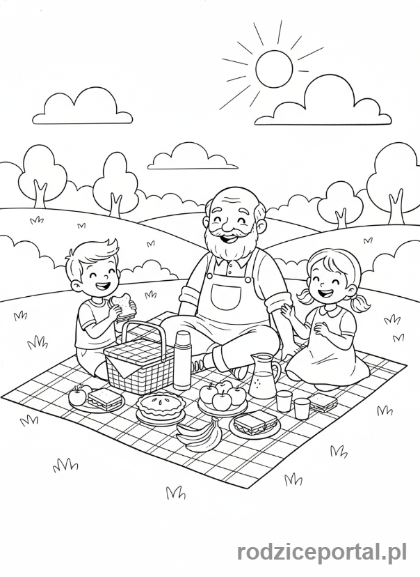 Kolorowanka Dzień Dziadka - Dziadek z wnukami na pikniku.