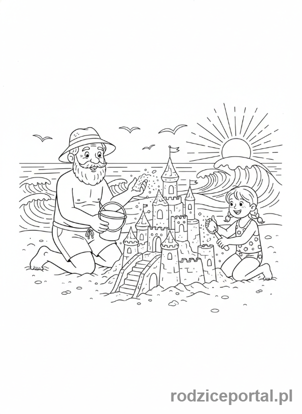 Kolorowanka Dzień Dziadka - Dziadek z wnukami na plaży budujący zamek z piasku.