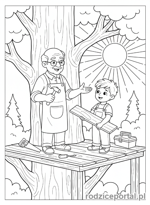 Kolorowanka Dzień Dziadka - Dziadek z wnukiem budujący domek na drzewie.