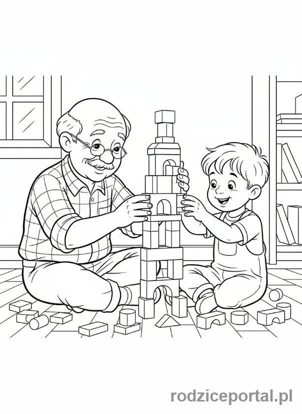 Kolorowanka Dzień Dziadka - Dziadek z wnukiem budujący z klocków.